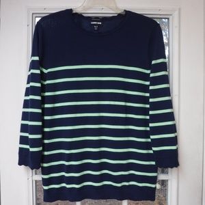 Lands' End Green Striped on Navy Blue 3/4 Sleeve 100% Supima Cotton Sweater